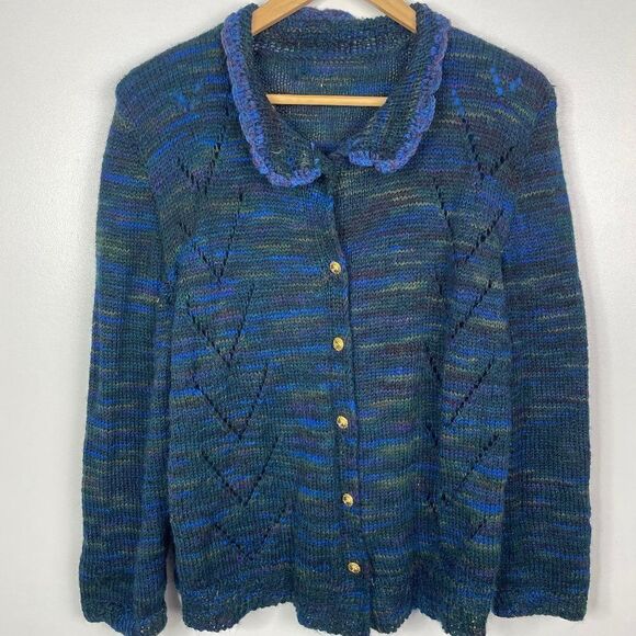 Vintage Handknit  Gold Button  Collared Open Knit Cardigan Sweater Shoulder Pad - Picture 1 of 4